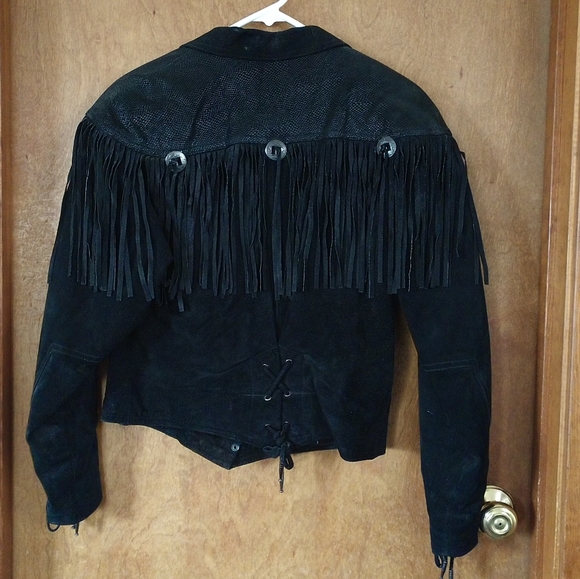 1980's Stoner Rocker Biker Fringe Black Leather Suede Jacket - Picture 8 of 11